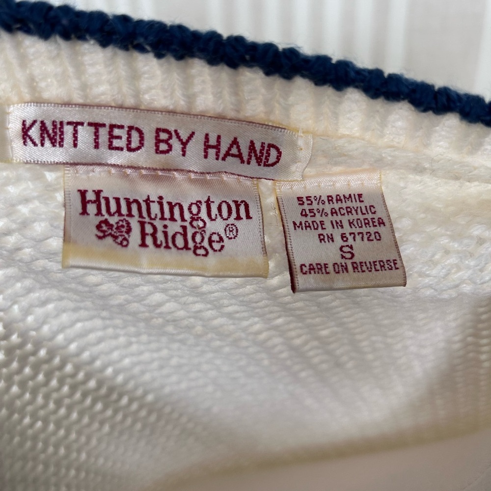 Vintage Huntington Ridge 80s Western Cardigan Sweater Small Blue Cream Fringe - Picture 4 of 5